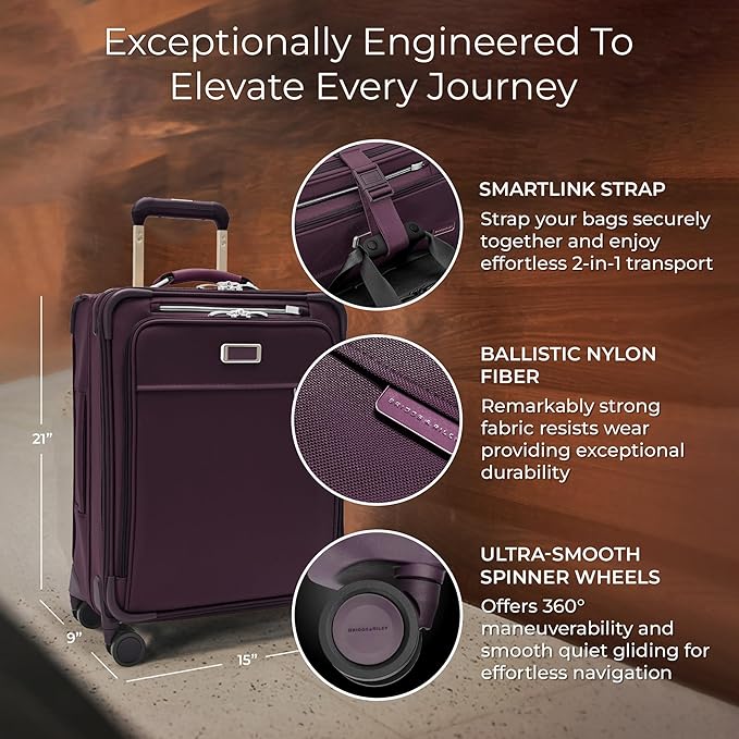 Briggs & Riley 21" Global Carry On Expandable Spinner - Luggage for International Travel, Suitcases with Wheels, Softside Rolling Bag for Men & Women, Self-Repairing Zipper - Baseline Collection, Plum