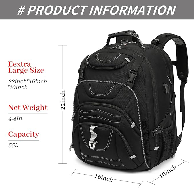 Boniyee Travel Backpack 17.3 Inch, Business Anti-Theft Laptop Bag with USB Charging Port, Waterproof
