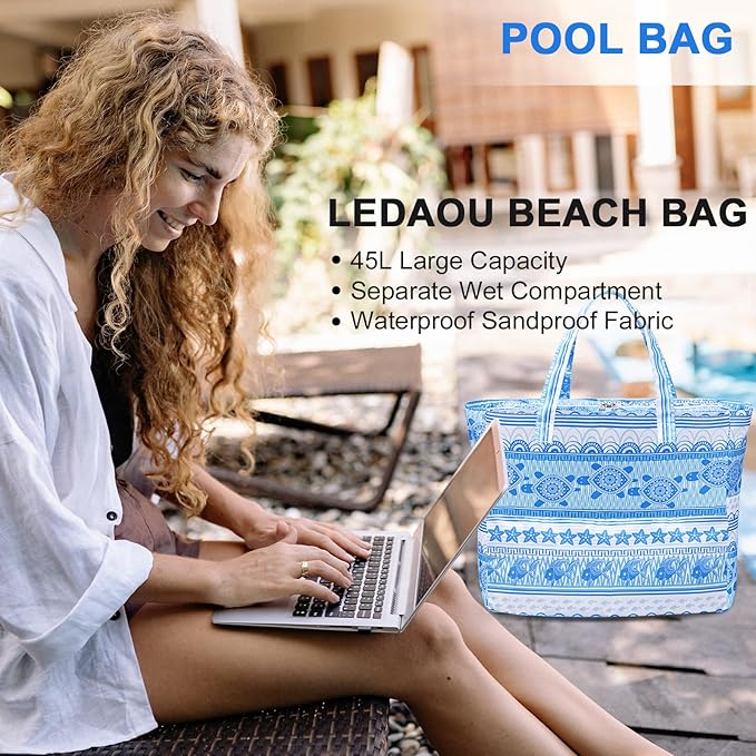 LEDAOU Beach Bag Waterproof Sandproof Women Tote Bag Pool Bag with Zipper for Gym Grocery Travel with Wet Pocket