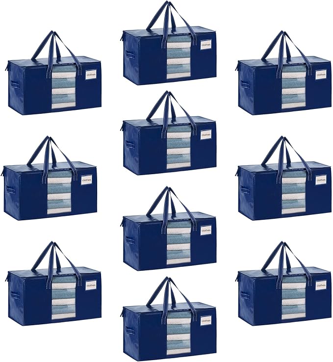VENO 10 Pack Moving Bags, Comforter and Blanket Storage Bags for Closet, Moving Boxes, Boxes with Lids Alternative, College Dorm Packing Supplies, Foldable Heavy-Duty Tote (Blue, 10 Pack)
