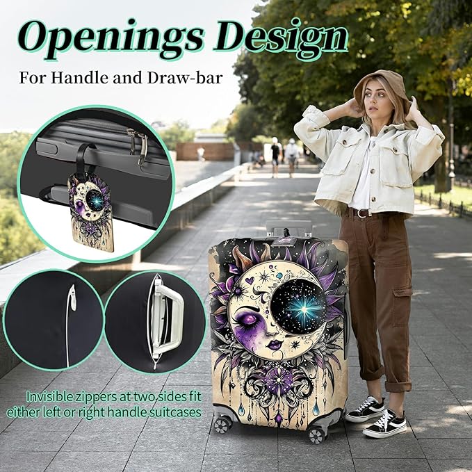 Luggage Protector Plus 1 Luggage Tag, Gothic Moon Face Travel Case Cover for 26-28 inch Suitcase with Elastic Dustproof, Scratch Resistant Concealed Zipper
