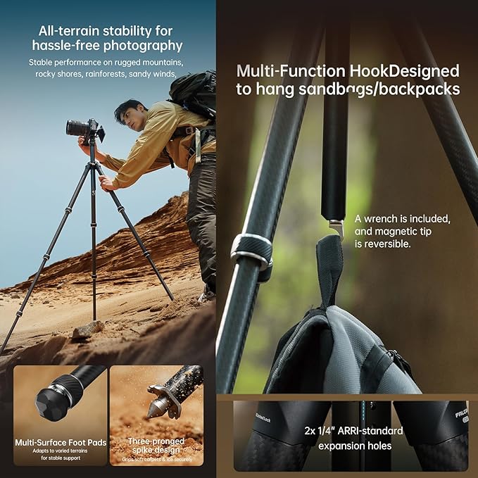 FALCAM TreeRoot F38 Quick Lock Lite Carbon Fiber Travel Tripod with Ball Head Load Capacity 3kg/6.6lbs, Max Vertical Payload 40Kg/88lbs for Cameras, All-Terrain Stability (C141K-301)