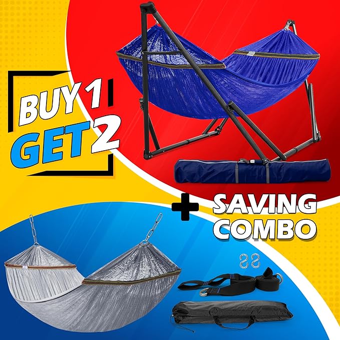 Tranquillo Combo x2 Hammocks with Stand for Outside & Tree Straps, Heavy Duty Hammock with Stand 600lbs for Indoor Outdoor Patio Backyard, x2 Hammocks for 2 Person, Portable Carrying Bags, Blue