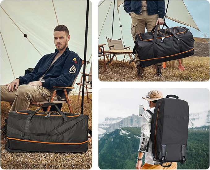 CONTAIL 32" Soft-Sided Rolling Duffle Bag with 2 Wheels,Expandable from 110L to 140L, Foldable Travel Duffel with Multiple Compartments,Black-orange