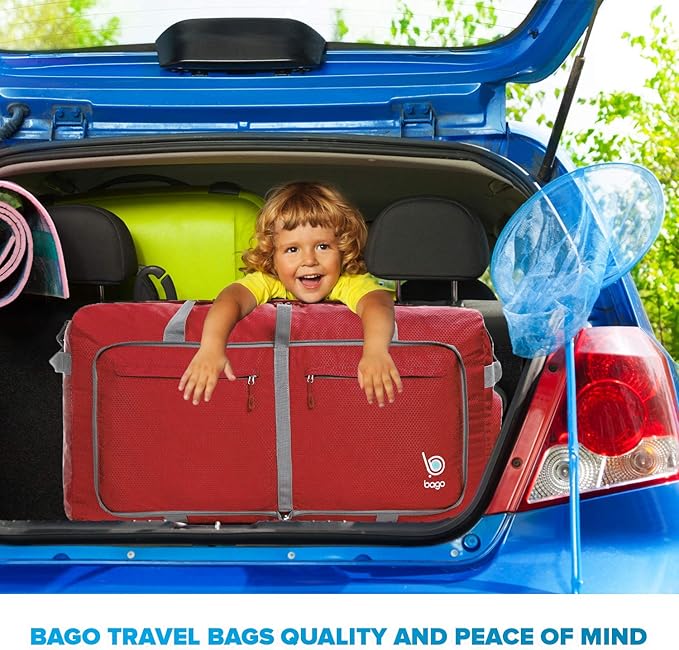 Bago Big XXL Foldable Duffel Bags for Traveling Women & Men - 140L Packable Duffle Bag for Travel with Shoe Compartment - Water Repellant, Heavy Duty, Lightweight Folding & Collapsible (Red)