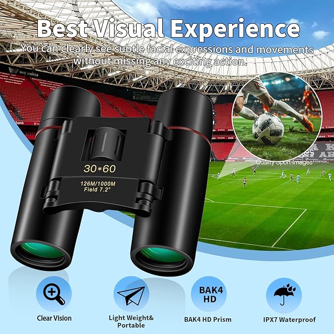 Compact 30x60 Binoculars for Adults and Kids,Foldable Lightweight Easy Focus Small Binoculars for Bird Watching Travel Sightseeing Hunting Concert Theater Opera
