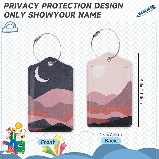 Boho Hills Luggage Tags for Suitcases,2 Pack Fields Moon Luggage Tag,Leather Stainless Steel Loop Label Tag for Women Men Girls Travel Bag Suitcase