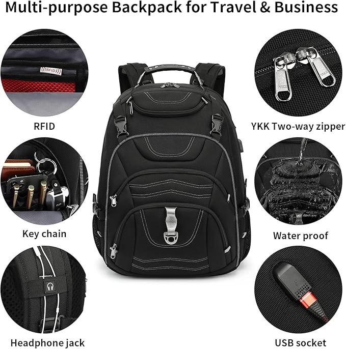 Boniyee Travel Backpack 17.3 Inch, Business Anti-Theft Laptop Bag with USB Charging Port, Waterproof
