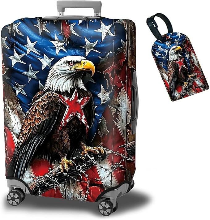Luggage Cover + Tag, Eagle American Flag Travel Suitcase Protector for 22-24 inch Luggage (M) with Concealed Zipper, Washable Elastic Cloth, Dustproof, Anti-Scratch