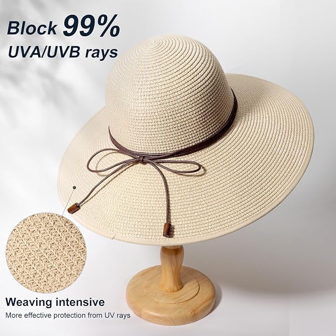 DRESHOW Beach Hats for Women Big Straw Wide Brim Summer Hat Floppy Foldable Roll up Cap Sun Hat UPF 50+