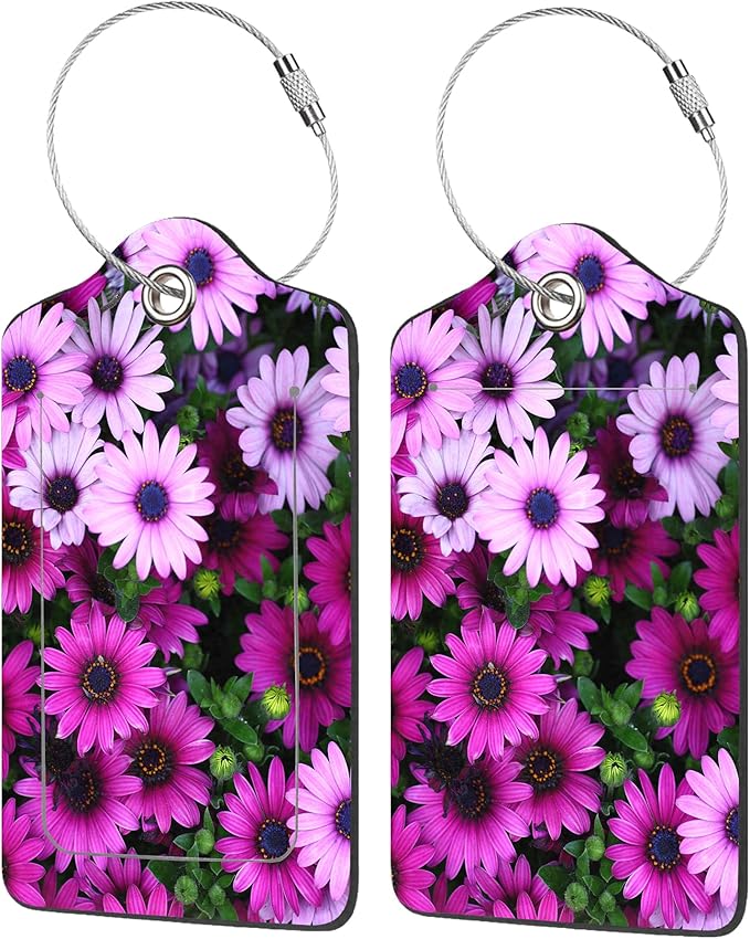 2 Pack Luggage Tags for Suitcases,Flowers Luggage Tag,PU Leather Id Label Luggage Tags with Stainless Steel Loop and Privacy Cover for Women Men Teens Travel
