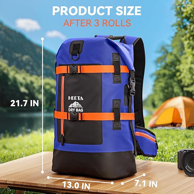 HEETA Dry Bags Waterproof Backpack 40L for Men & Women, Roll Top Heavy Duty Cushioned Hiking Backpack for Kayaking Boating Paddle Boarding Fishing Travel Camping Beach Vacation Cruise Ship Essentials