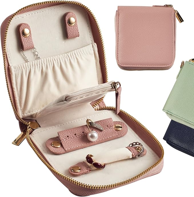 Travel Jewelry Organizer Case - for Tangle-Free Necklaces, Earrings, Rings, Bracelets Storage, Travel Essentials, Fashion Portable Jewelry Travel bags for Women - Small Macaron Pink