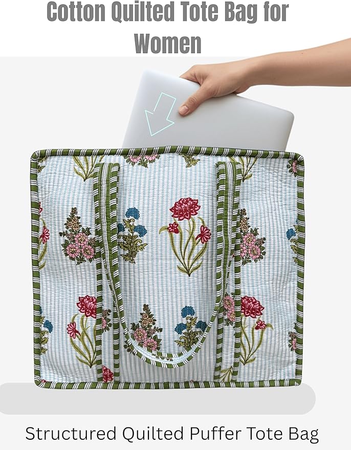 Cotton Quilted Tote Bag for Women – Large Beach & Travel Tote with Zipper, Reusable Grocery Bag