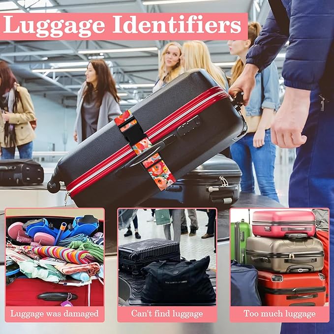 Rose Luggage Straps for Suitcases TSA Approved, Luggage Identifiers for Suitcase, Adjustable Suitcase Strap for Baggage Security with Cute Patten, Travel Necessary Accessories