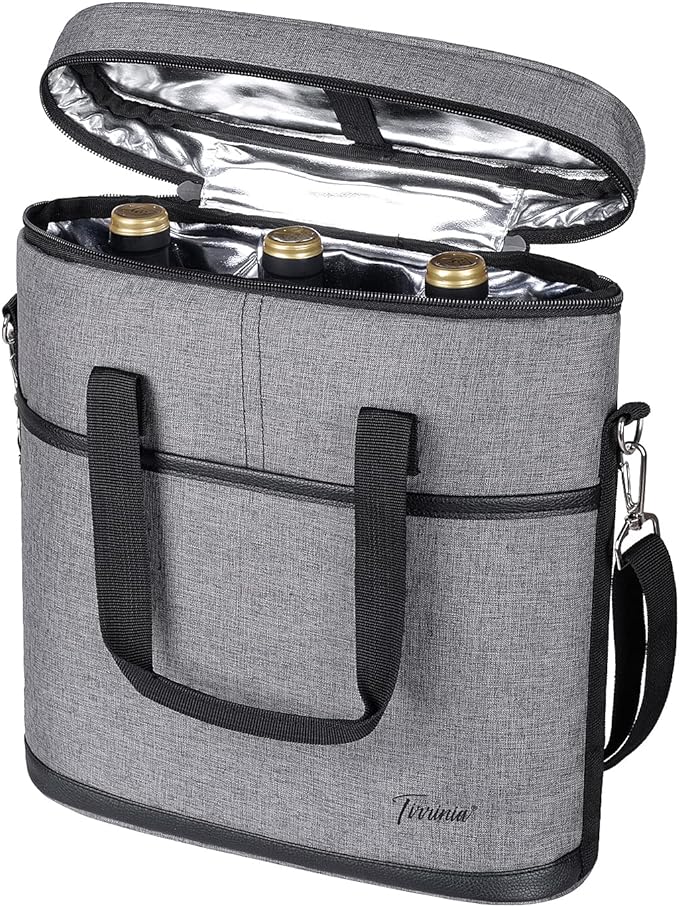 Tirrinia Insulated Wine Gift carrier - 3 Bottle Travel Wine Carry Cooler Tote Bag with Handle and Adjustable Shoulder Strap, Grey