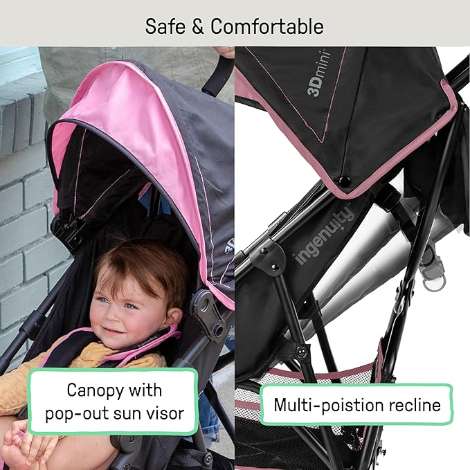 Ingenuity 3D Mini Convenience Stroller – Lightweight Stroller with Compact Fold, Multi-Position Recline, Canopy with Pop Out Sun Visor and More – Umbrella Stroller for Travel, Pink