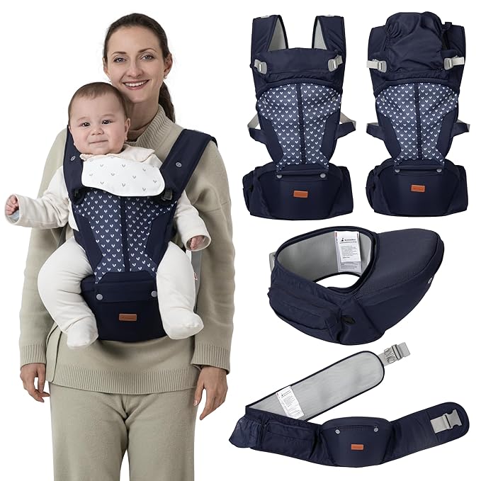 BabbleRoo Grow Carrier – 6-in-1 Baby Carrier with Hip Seat, Ergonomic, Cozy & Adjustable Toddler Carrier 7-50 lbs with Hip & Lumbar Support, Hood for Sun Protection, Newborn to Toddler, Navy Hearts