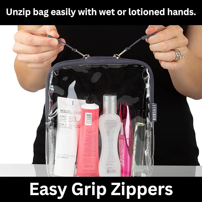 BORSALI Clear Travel Bags for Toiletries - TSA Clear Toiletry Bag for Traveling, Cosmetics, Carry on 3-1-1 Liquids & Other Items - TSA-Approved Quart Size For Luggage, Purse or Car - Gray