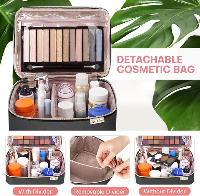 Double Layer Travel Makeup Bag Women, Cosmetic Organizer Case, Travel Essentials Accessories with Shoulder Strap for Bottles, Brushes, Conditioner, Skin Care Products, Black