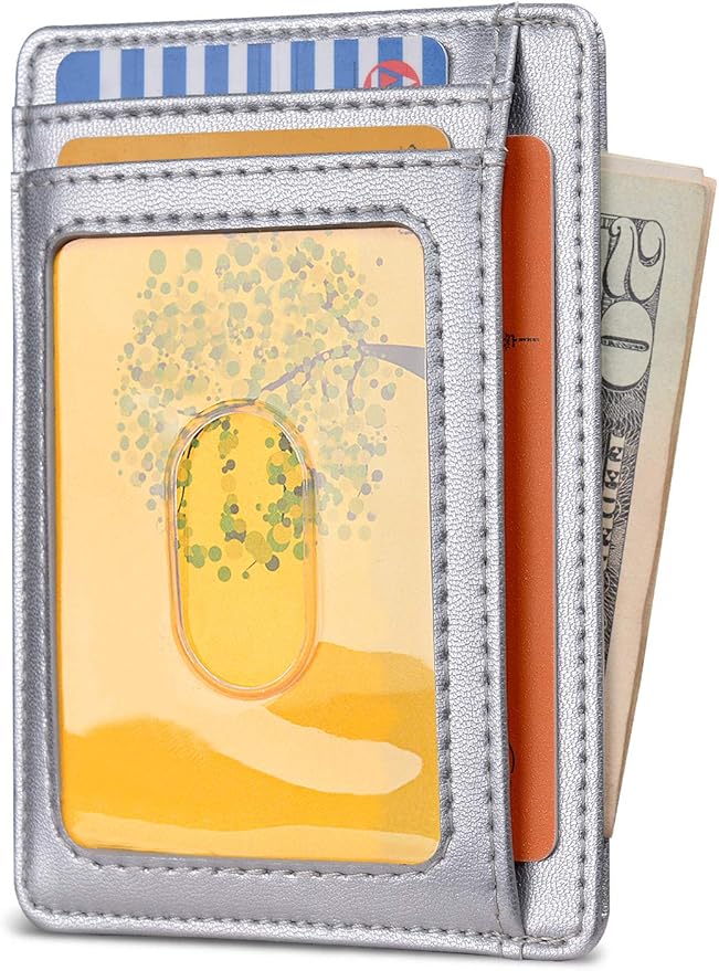Buffway Slim Minimalist Front Pocket RFID Blocking Leather Wallets for Men and Women - Sand Silver