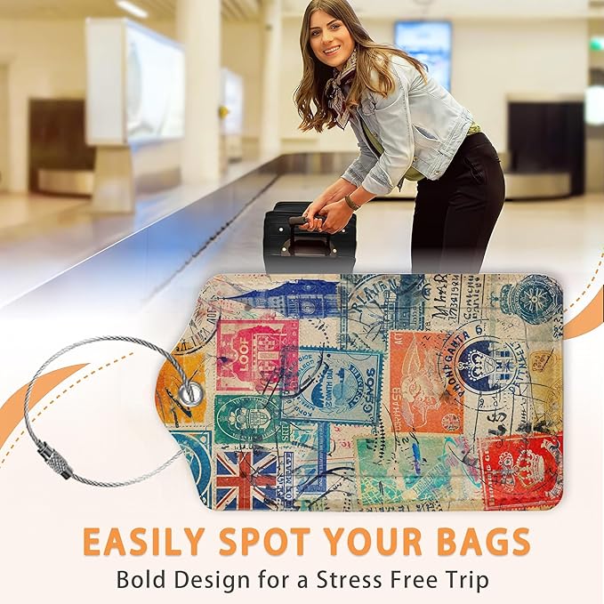 Retro Wanderlust Stamps 3 PCS PU Leather Luggage Tags for Suitcase, Luggage Tag with Privacy Flap, Name ID Label and Metal Loop for Women Men Baggage Handbag School Bag Backpack