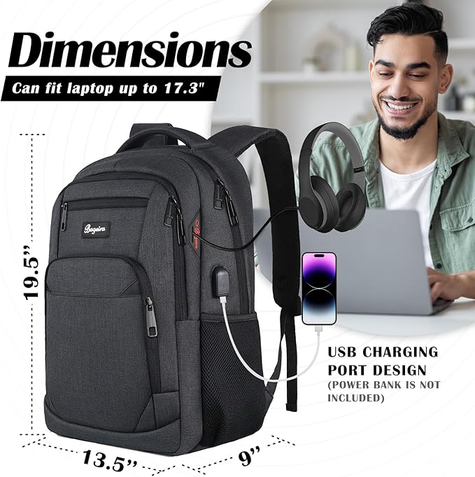 17.3 Inch Laptop Backpack, School Backpacks for teen boys, College High School Backpack. Travel Backpacks with usb Charging Port for Women Men. Anti-theft Waterproof Work Bookbags, Black