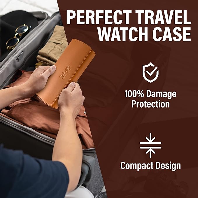 Barton Leather Watch Roll for 3 Watches | Convenient Organizer Case for Travel & Storage | Fits Classic & Smart Watches (Up to 46mm) | Compact, Durable, Lightweight, Stylish - Brown