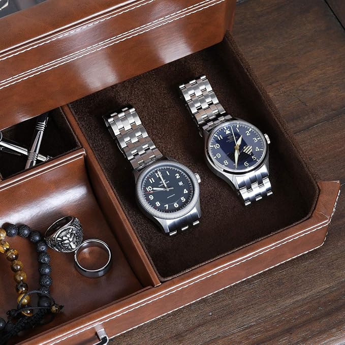 ROTHWELL 12 Slot Leather Watch Box with Valet Drawer - 12 Slot Luxury Watch Case Display Organizer, Microsuede Liner, Mens Accessories Holder, Jewelry Case, Jewelry Display Organizer (Tan/Brown)