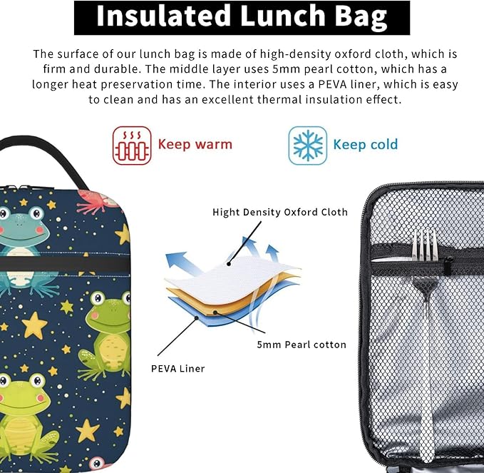 Frog Insulated Lunch Box for Women Men Frog Lunch Bag for Travel,or Fishing Polyester Frog Lunch Box