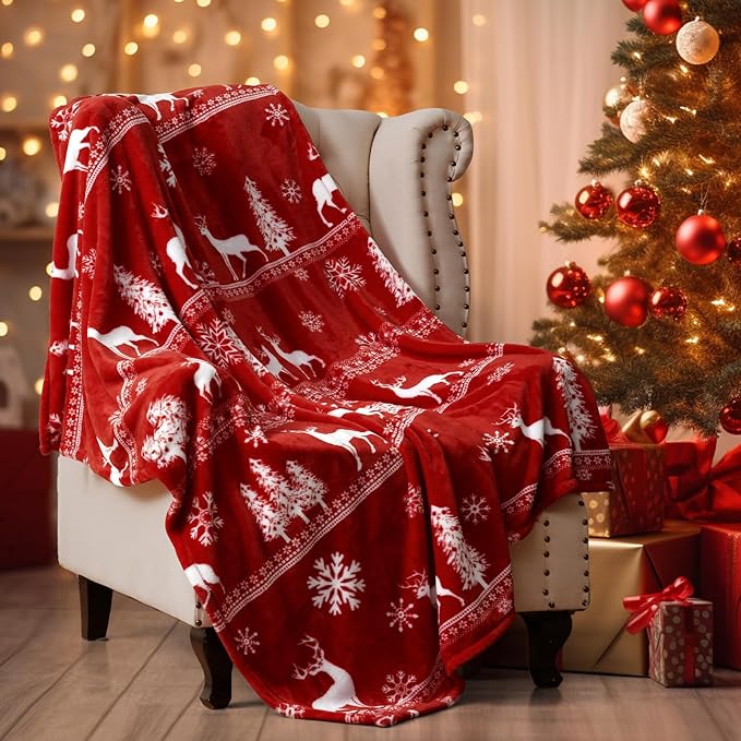 PHF Printed Fleece Throw Blanket, No Shed No Pilling Ultra Soft Plush Cozy Xmas Prints Theme Home Décor Flannel Blanket for Bed, Sofa, Couch and Gift, 50" x 60", Reindeer and Trees, Red