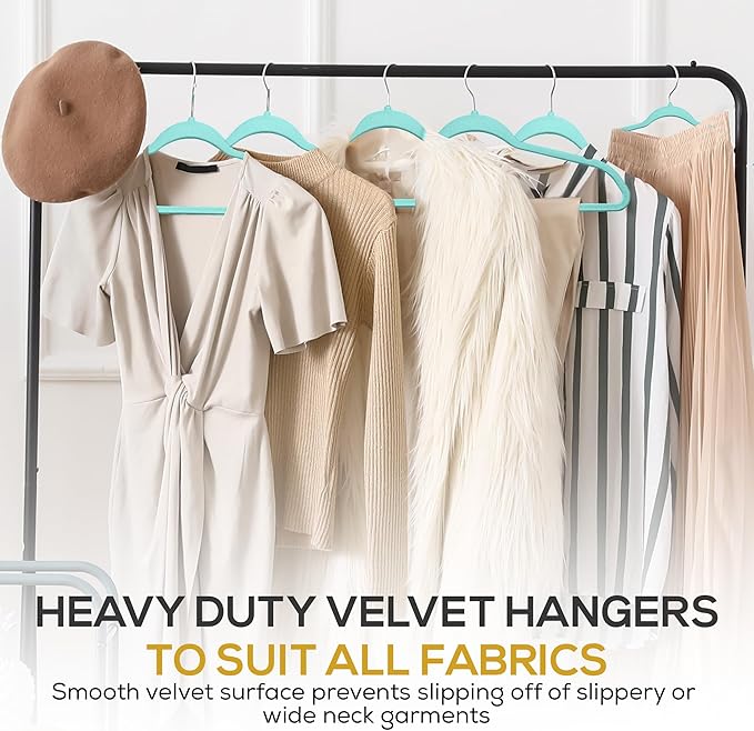 50 Pack New Premium Quality Velvet Hangers Ultra Thin Non Slip Adult Felt Space Saving Hangers for Closet Heavy Duty Coat Pants Dress Hangers 360° Swivel Hook Hold Upto 10 lbs Teal