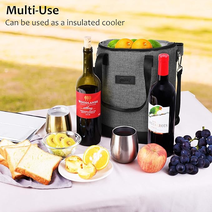 Tirrinia 6 Bottle Wine Cooler Bag - Insulated Padded Portable Versatile Wine Gift Carrier Tote Bag for Travel, BYOB Restaurant, Wine Tasting, Party, Pecfect Gift for Wine Lover, Grey