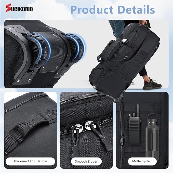 Tactical Travel Duffle Bag with Wheels and Handle 3 in 1 Large 85L XL Rolling Travelling Backpack Waterproof Oxford Carry On Hand Luggage Deployment Bags with Combination Padlock, Khaki