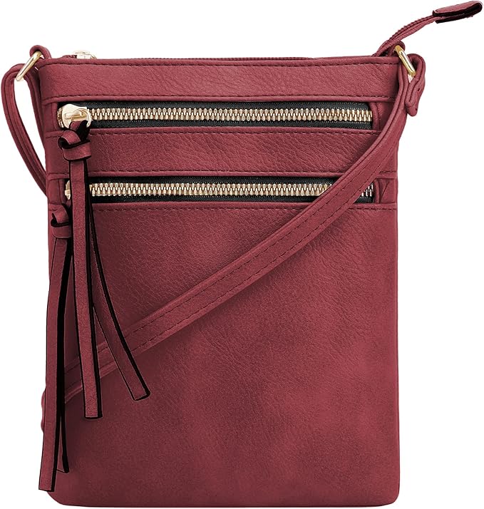 DELUXITY | Crossbody Purse Bag | Functional Multi Pocket Double Zipper Purse | Adjustable Strap | Small Size Purse |Wine