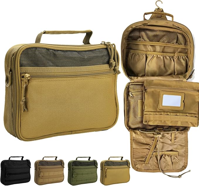 Toiletry Bag for Men Travel, Men's Hanging Toiletry Bag, Portable Dopp Kit Organizer with Hook - Shaving Bag, Tactical Travel Essentials Khaki（No molle）