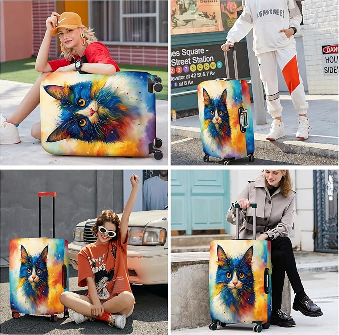 ANNA QUEEN Colorful Cat Luggage Cover, Artistic Blue Cat Design with Rainbow Colors, Stretchable, Washable Travel Sleeve for 24-26 Inch Suitcases