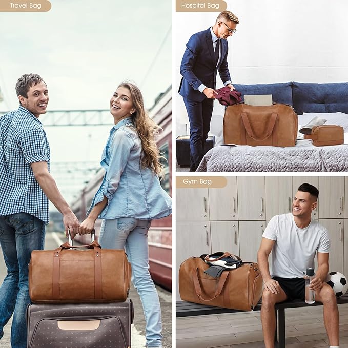 Wogarl 3PCS Leather Weekender Bag for Women Men Large Overnight Bag Travel Duffel Bag with Shoe Compartment Toiletry Packing Cube Carry On Bag Fit 21"" Laptop(Light Brown), YT042