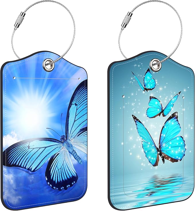 Blue Butterfly Luggage Tags for Suitcases Leather Travel Tags for Luggage ID Label with Privacy Cover and Stainless Steel Loop for Men Women Suitcase Backpack, Set of 2