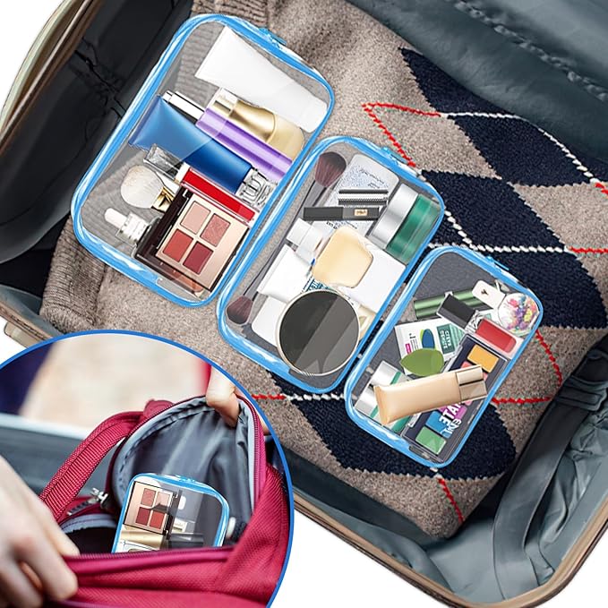AURUZA 4 Pack Clear Toiletry Bag,Portable Travel Makeup Bags with Zipper, TSA Approved Clear Organizer Bags, PVC Cosmetic Pouch for Airport Airline Compliant (4 Packs Blue)
