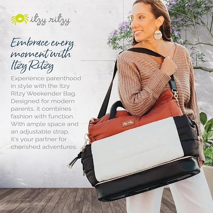Itzy Ritzy Dream Weekender Travel Bag – Lightweight Overnight Bag with Base Compartment, 12 Pockets, Bottle Holders & Strap