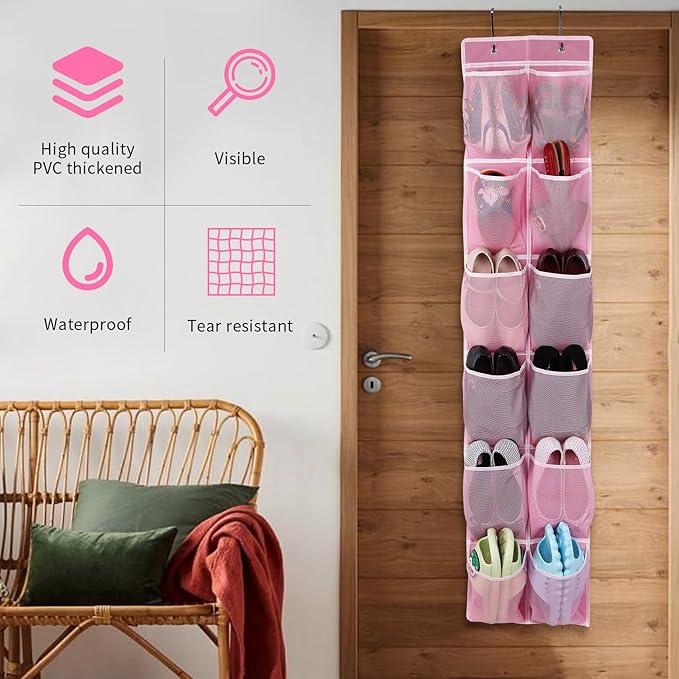 Over the Door 12 Pocket Hanging Shoe Organizer, Pink