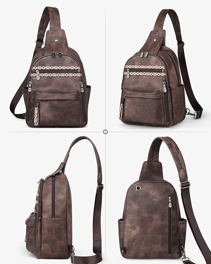 FADEON Large Sling Bag for Women, Leather Crossbody Purse Designer Anti Theft Sling Backpack, RFID Fanny Packs for Travel