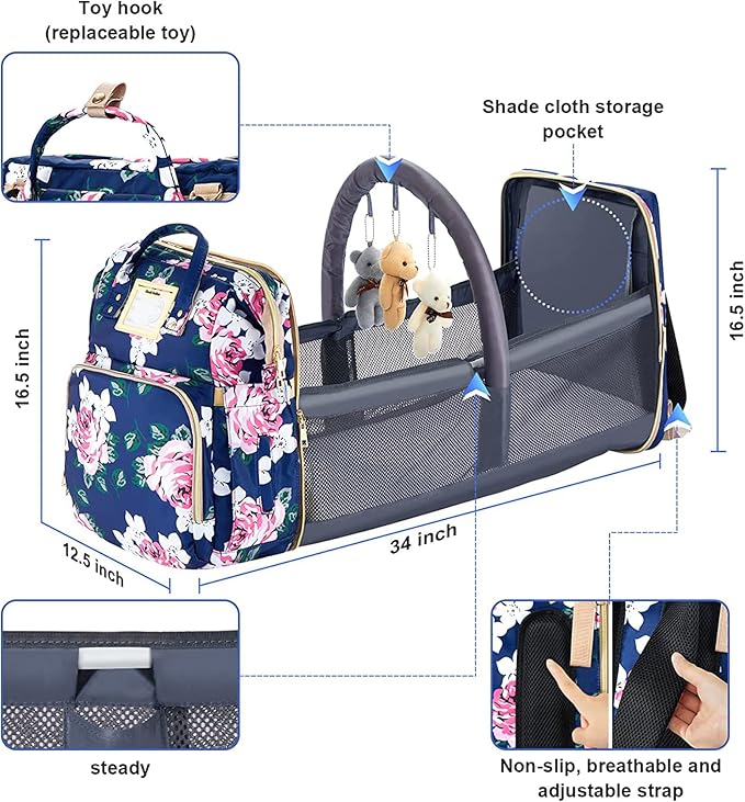 Diaper Bag Backpack with Changing Station, Foldable for Bady Toddler, 3 in 1 Large Capacity Newborn Essentials Organizer with Stroller Hook for Girls and Boys（Blue）
