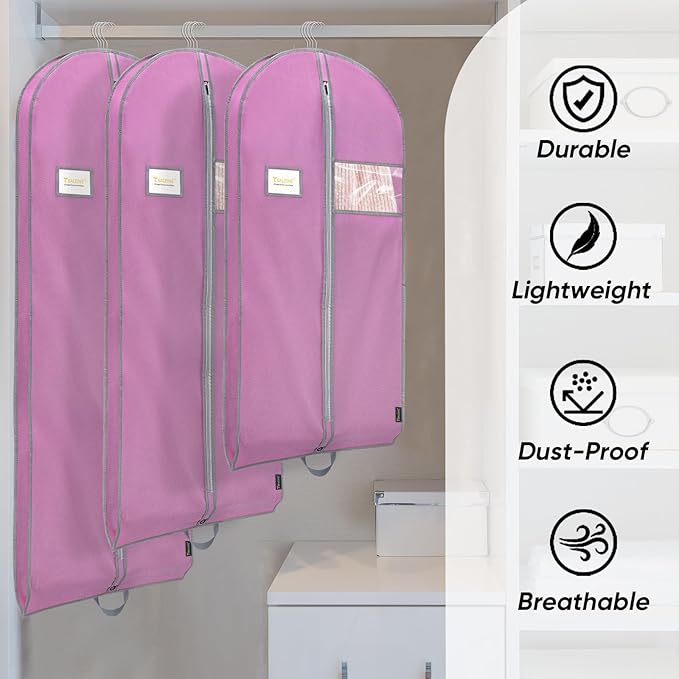 BALEINE 5PK Heavy Duty Garment Bag with Shoe Storage Travel Bag for Dresses, Suit, Coats Travel Essential (60", Pink)