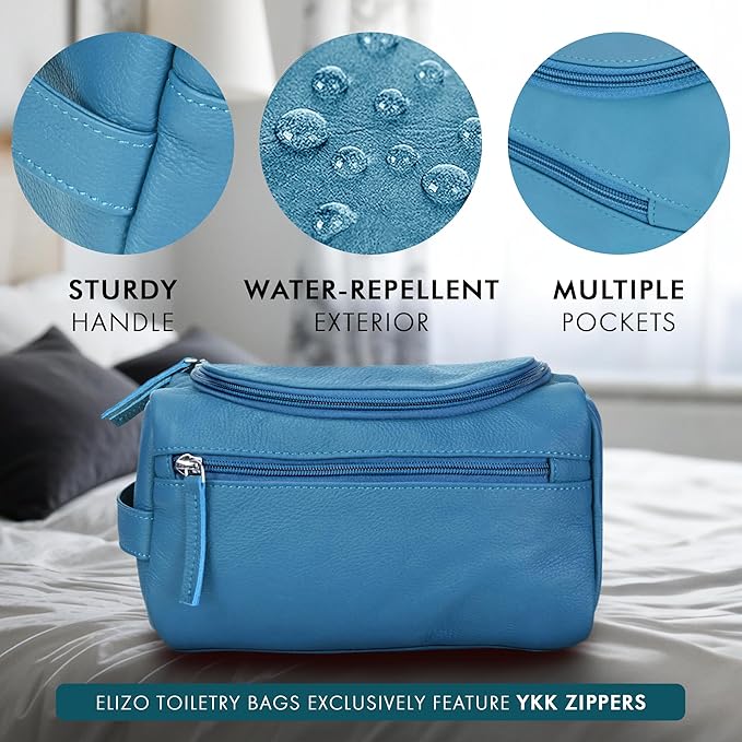 ELIZO Premium REAL Leather Toiletry Bag for Men Dopp Kitt Hanging Mens Toiletry Large TSA Toiletries Bag Shaving Grooming Bag Organizer Espresso (Blue, Large)