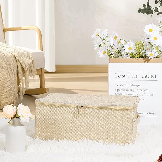 ANMINY 2PCS Storage Bins with Zipper Lids 13 Qt Lidded Fabric Storage Boxes Baskets Cubes with Handles Collapsible Washable Cotton Linen Closet Shelf Clothes Organizer Containers - Beige, Small
