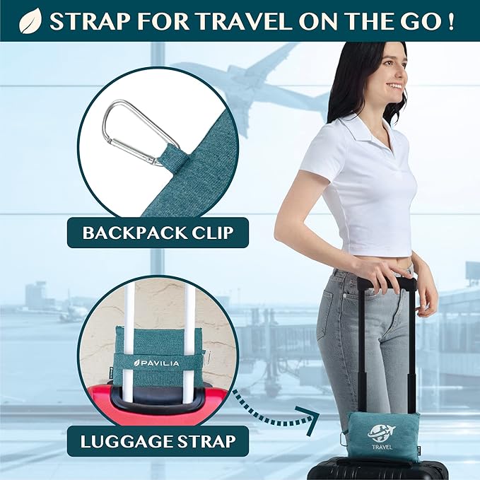 PAVILIA Travel Blanket Airplane Compact with Bag, Small Travel Pillow Blanket Long Flights, Lightweight Plane Blanket with Luggage Strap, Camping Blanket for Traveler Essentials, Teal Blue, 65x40