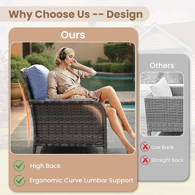 HOOOWOOO Patio Furniture Set,Outdoor High Back Loveseat Set,All Weather Wicker 2-Seater-Sofa Love Seat with Long Table,Denim Blue