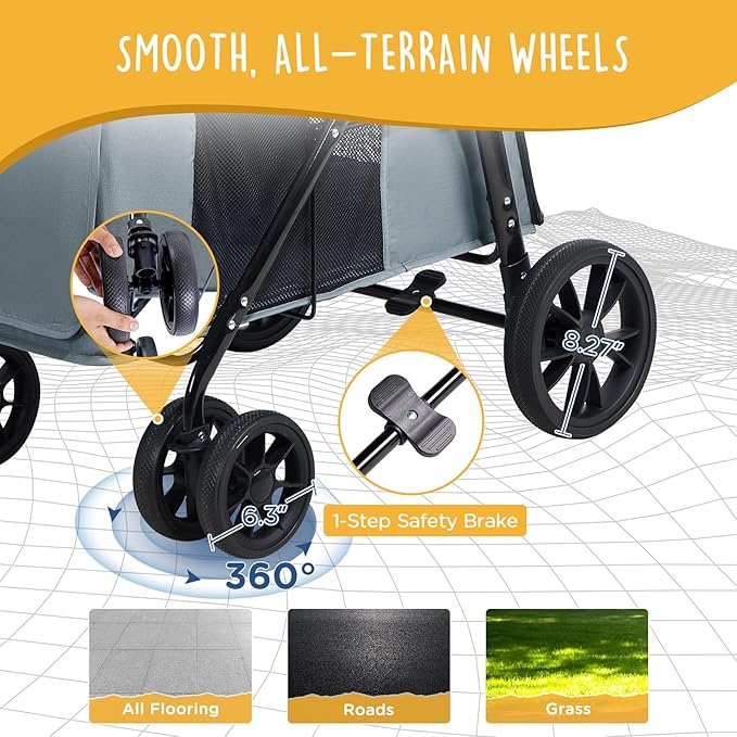 Scout Pet Stroller, 4-Wheel Design for Small/Medium Dogs - One-Button Fold, Adjustable Mesh Windows & Shades, 360° Swivel Front Wheels, Rear Wheel Brake for Safety